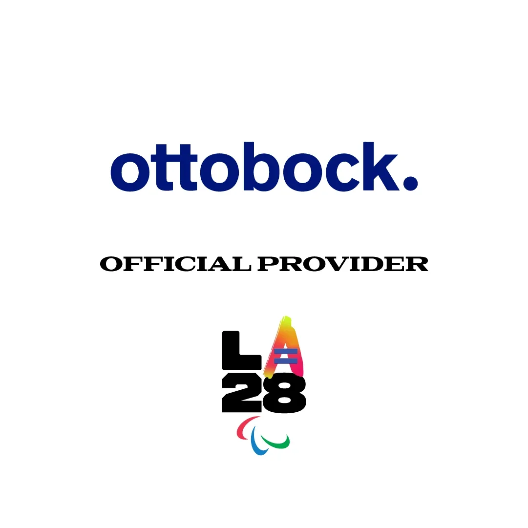 Ottobock logo on top of the words "Official Provider" in black text on top of the LA28 Paralympic A for Equality