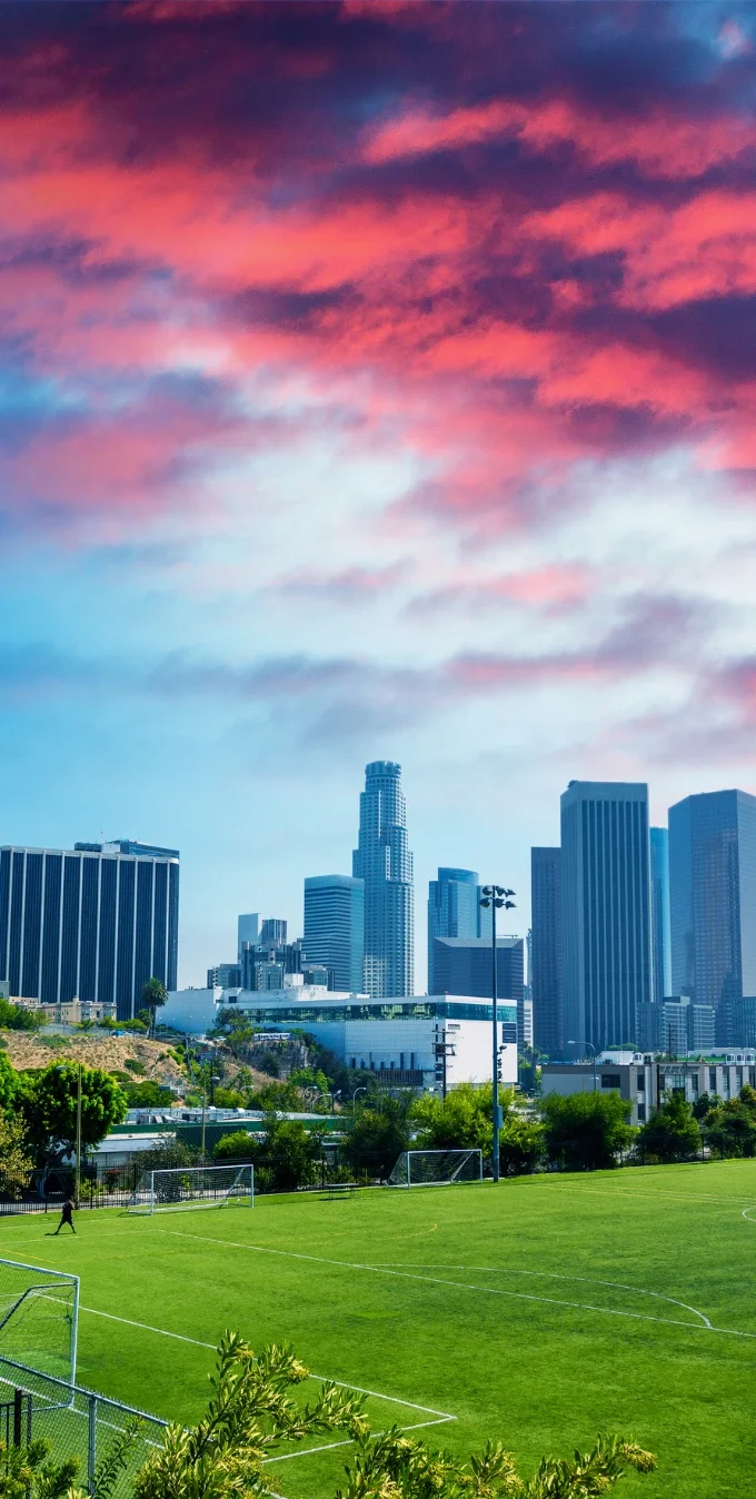 LA Skyline at sunset with pink skies and a soccer field in the foreground with green grass and trees lining the sides.