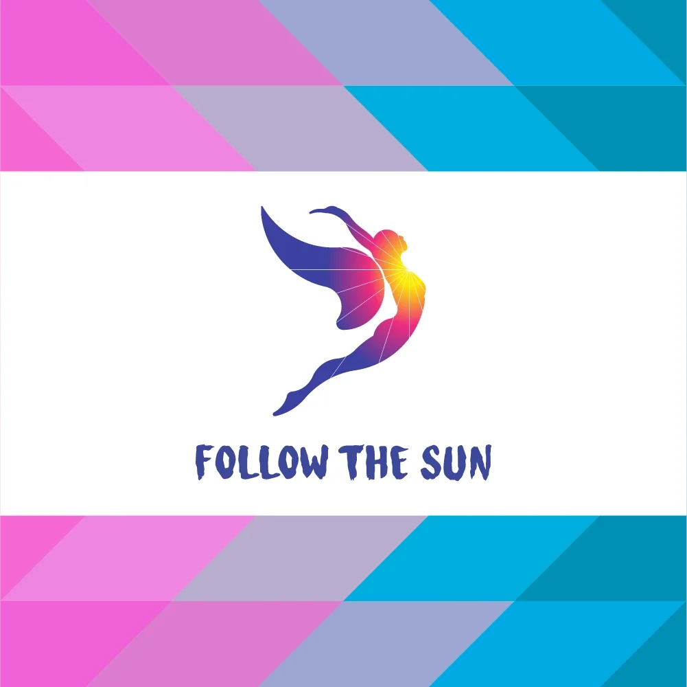 Follow the Sun LA28 angel emblem on a white background and the LA28 Superbloom colors in bluebell blue on the top and bottom of the image graphic
