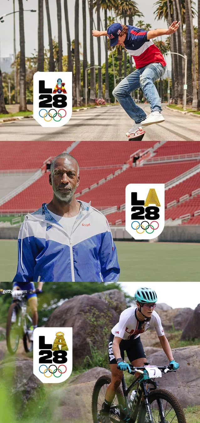 Image shows a split between images of Olympians Jagger Eaton on the left side, an image of Michael Johnson in the middle and Kate Courtney’s image to the right. Each Olympian has their custom LA28 emblem badge over their image.