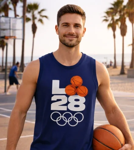 Brunette man wearing a navy Mitchell & Ness LA28 x NBA All-Star Game Collection basketball jersey while holding a basketball and a basketball court in Venice Beach in the background 