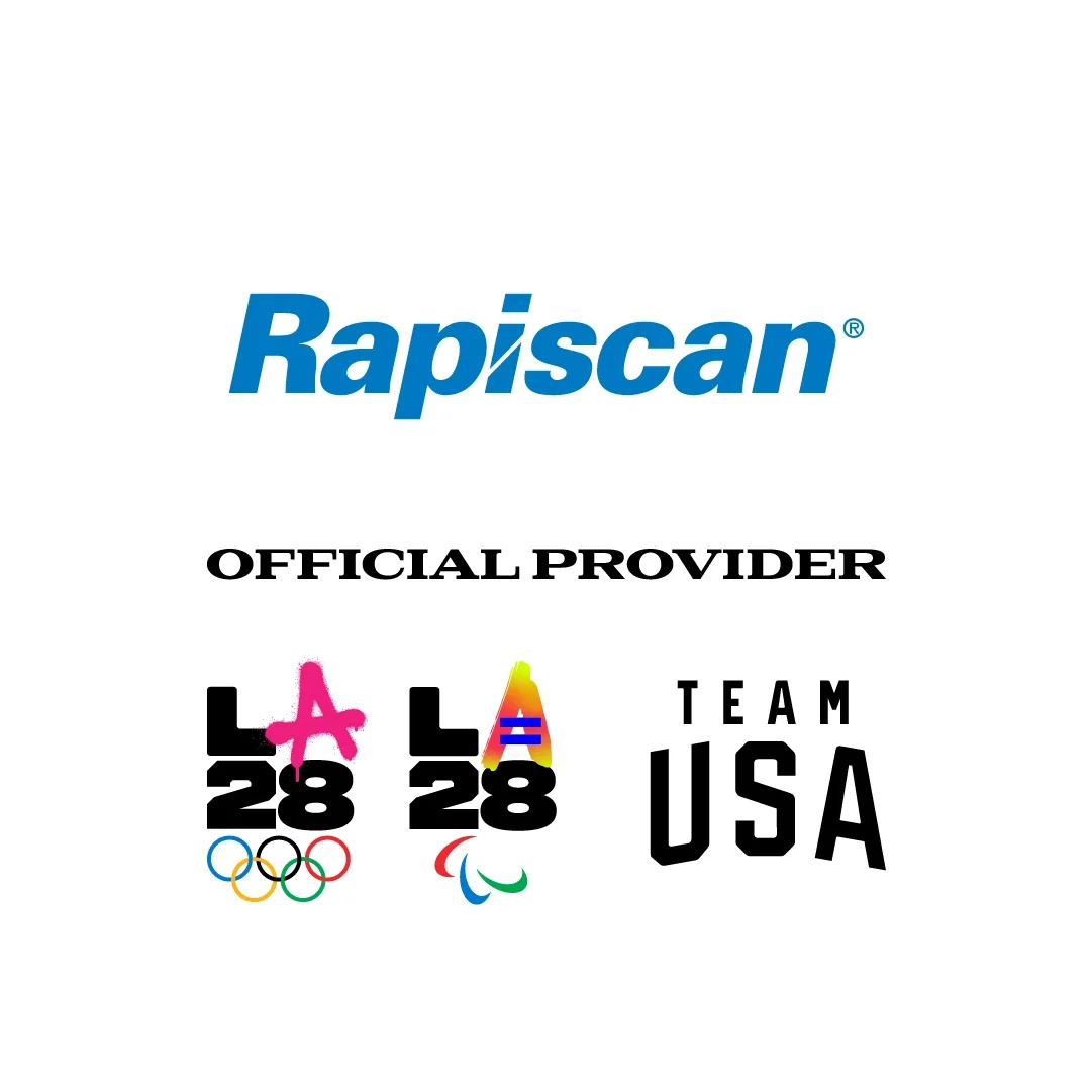Rapiscan logo in blue font above the words "Official Provider" and underneath the LA28 dual emblem and the Team USA logo