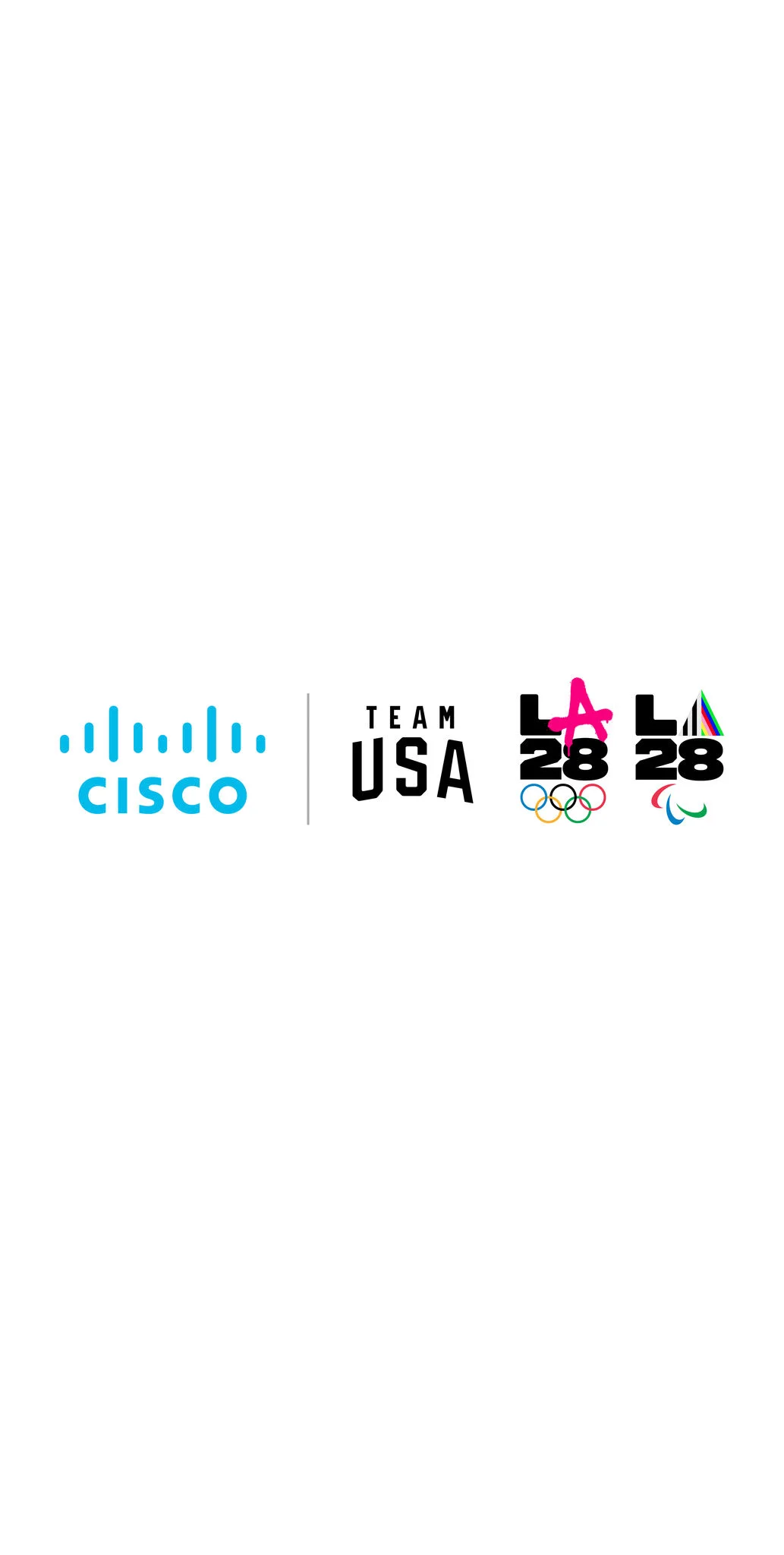 Esta imagen muestra el imagotipo de Cisco en azul claro, y también el emblema dual de LA28 y el logotipo de Team USA