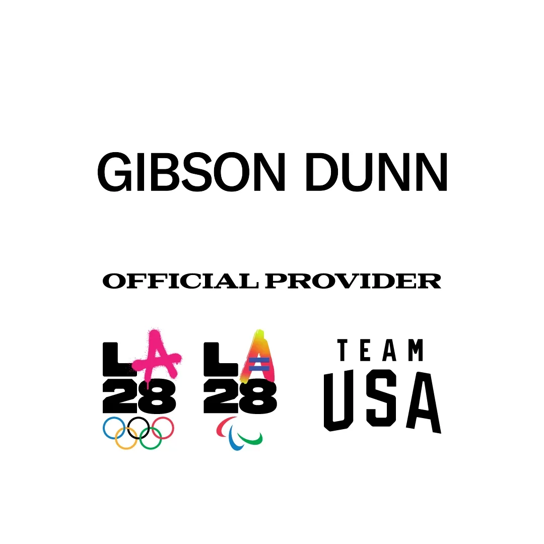 Gibson Dunn logo on top of the words "Official Provider" in black text on top of the LA28 dual emblems and Team USA logo