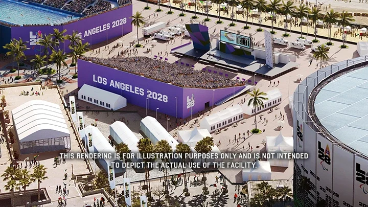 A rendering of an open-air stadium on the grounds of the Long Beach Convention Center. People are seating in the stands while a climbing wall and a large display screen faces the fans. Tents and signage with the LA28 emblems is showcased in the forefront part of the rendering.