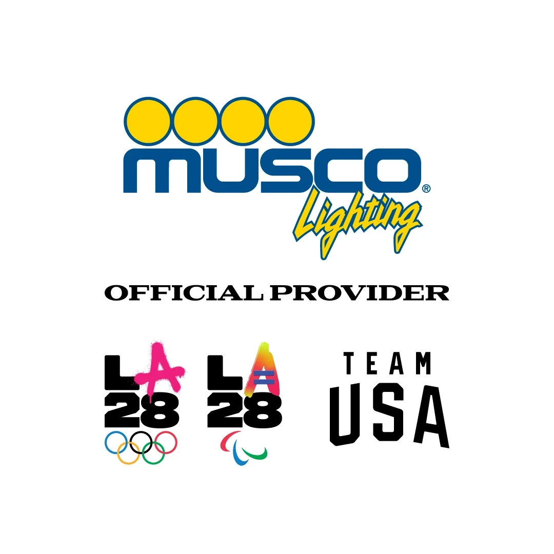 Musco Lighting logo and LA28 emblems on a white background