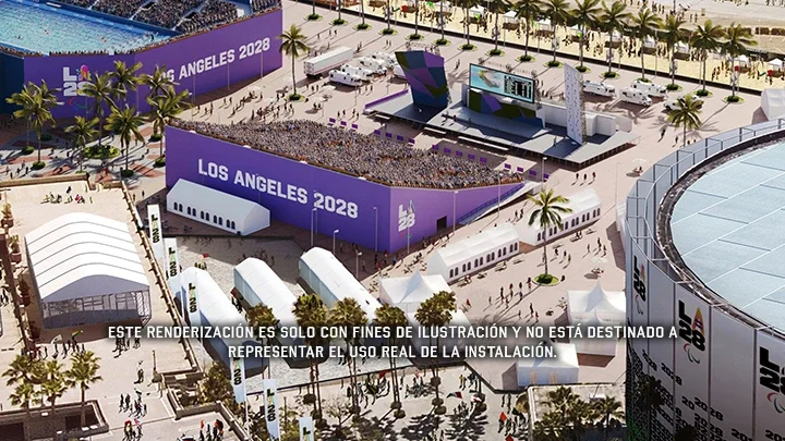 Una representación digital de un estadio al aire libre en los terrenos del Centro de Convenciones de Long Beach. Las personas están sentadas en las gradas, mientras una pared de escalada y una gran pantalla están orientadas hacia los espectadores. En la parte frontal de la imagen se destacan carpas y señalización con los emblemas de LA28.