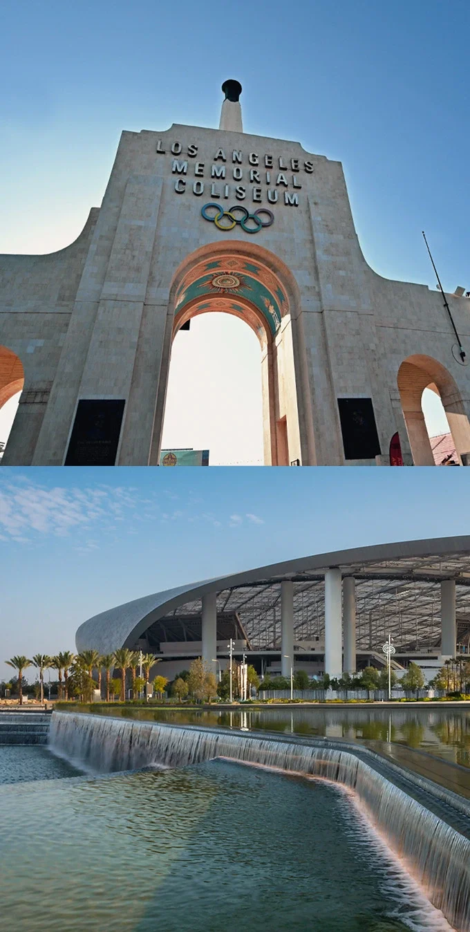 Side by side photographs of the Los Angeles Memorial Coliseum on the left with an image of the Coliseum arch with the Olympic rings and the words “Los Angeles Memorial Coliseum” with the Olympic rings underneath. On the right side of the image is an exterior image of Sofi Stadium that shows the lake at the entrance of the stadium.