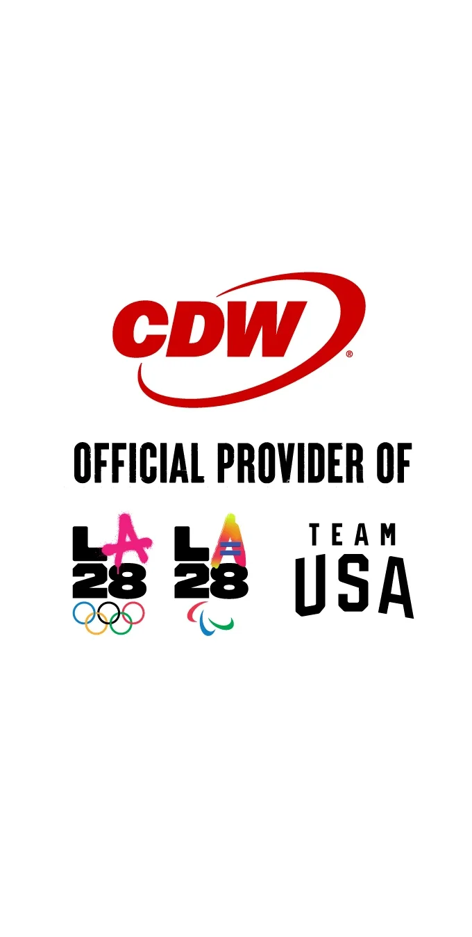 Graphic with CDW's logo in red font above the words 'Official Provider of' and the LA28 dual emblems and Team USA logo underneath