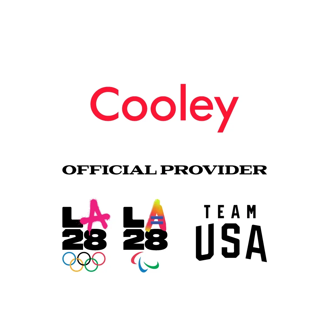 Cooley LLP logo above the LA28 dual emblem and Team USA logo