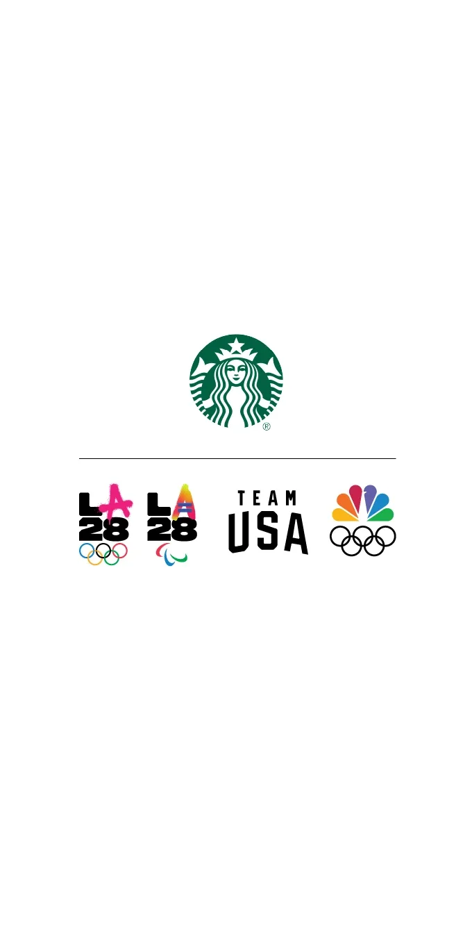 Graphic of the Starbucks logo in green next to the LA28 dual emblems next to the Team USA logo in black and the NBC peacock with black Olympic rings underneath