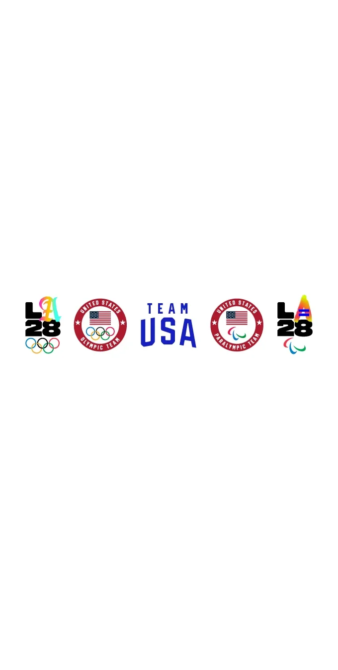 LA28 Olympic Games logo with the Olympic rings underneath to the left of the United States Olympic Team logo, the Team USA logo, the U.S. Paralympic Team logo, and the LA28 Paralympic Games logo with the Paralympic agitos underneath  