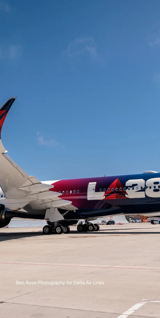 Delta LA28 plane in the forefront with the LA28 Delta logo, tarmac in the bottom forefront of the photo and blue skies in the background, with athletes and people walking on the sides of the tarmac.