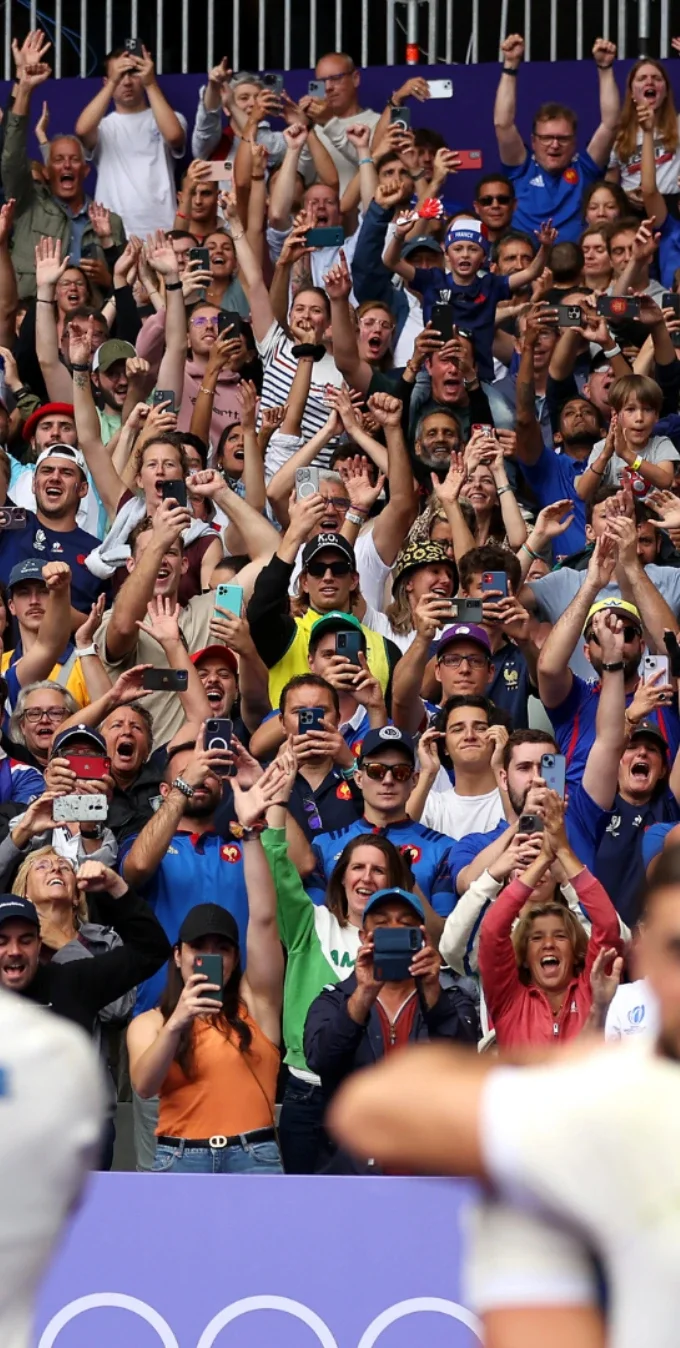 Photograph of fans cheering in the stands