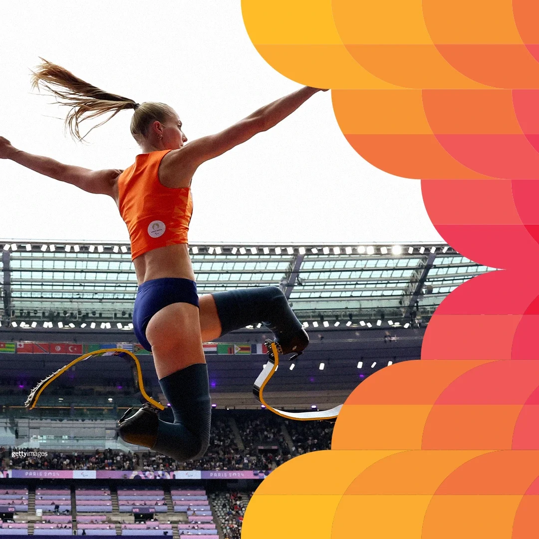 Paralympian from the Netherlands jumping while wearing an orange track top and navy blue bottoms. The LA28 Scarlet Flax Superbloom is superimposed on the right side of the image.