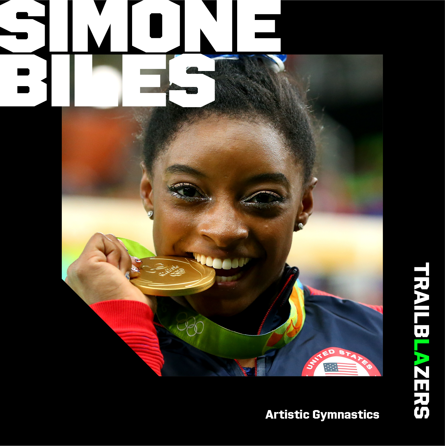 Photo graphic of gymnast Simone Biles smiling while biting a gold medal at the Rio 2016 Games with the text Trailblazers, Simone Biles and Artistic Gymnastics