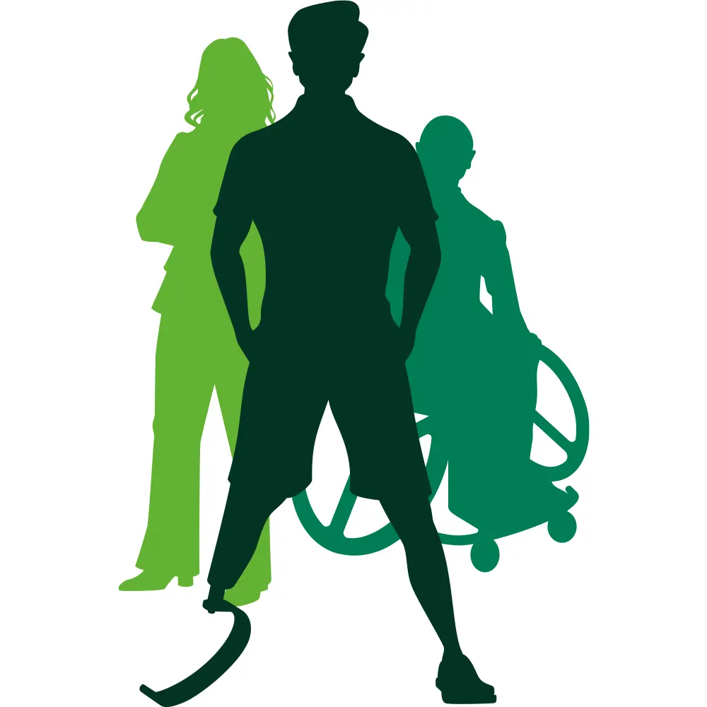 Three people in a silouette that forms an A, one has a prosthetic and another is in a wheelchair