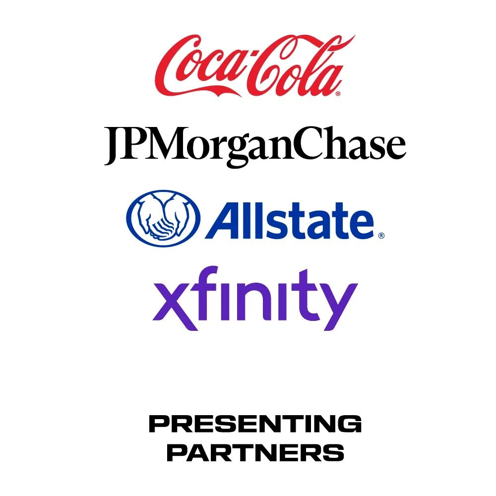 Coca Cola logo on top of the JPMorganChase, Allstate and XFinity logo above the words 'Presenting Partners'