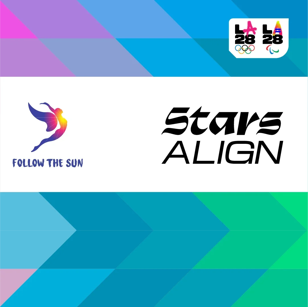 A banner for LA28's brand slogans, featuring "Follow the Sun" and "Stars Align."