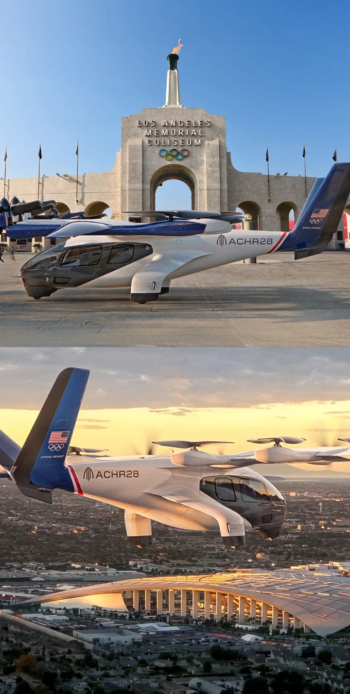 Una representación lado a lado de la aeronave eVTOL Midnight de Archer estacionada frente al LA Memorial Coliseum y una representación de la aeronave eVTOL Midnight volando sobre el SoFi Stadium.