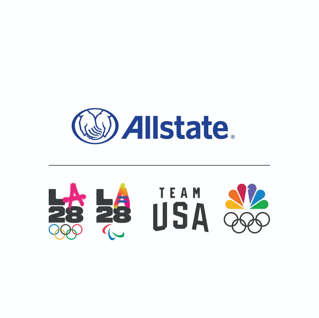 Allstate logo above the LA28 dual emblems, Team USA logo and Comcast Peacock and Olympic rings logo