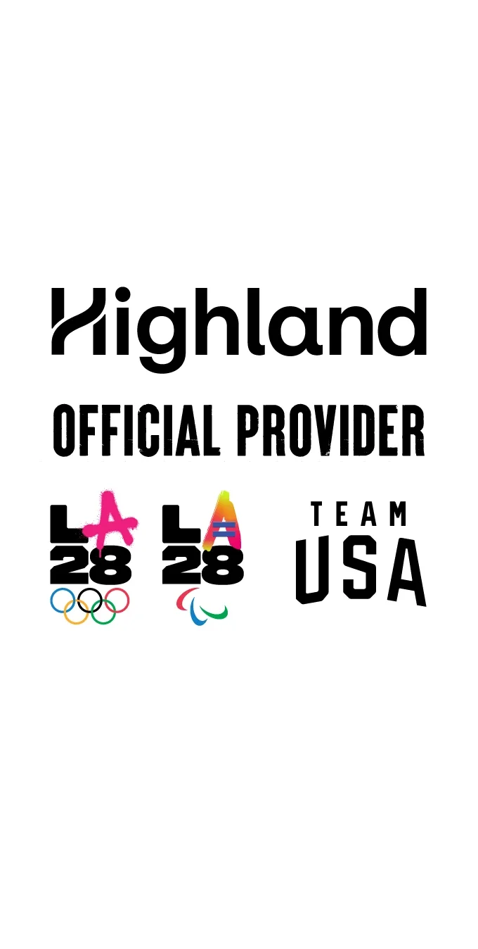 Graphic of Highland Electric Fleets logo in black font on top of the words "Official Provider" above the La28 Dual Emblems and Team USA logo