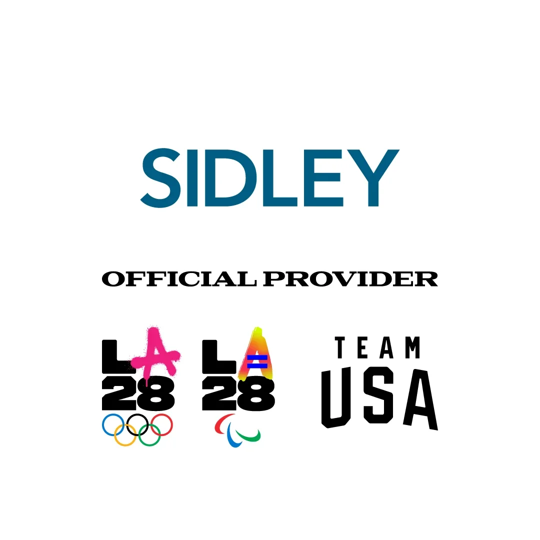 Sidley logo in blue letters on a white background above the words "official provider" on top of the LA28 dual emblem and Team USA logo in black