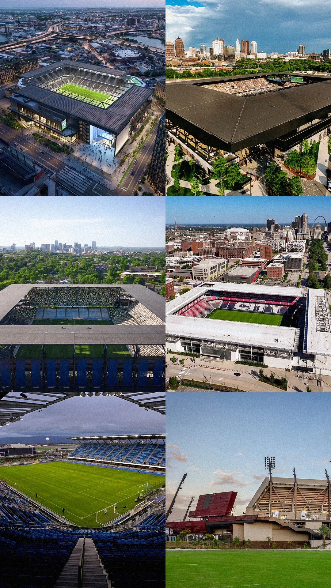 Grid of six stadiums that will be used for the LA28 Olympic Football (Soccer) tournament matches. Showing from top left to right, New York, Columbus, Nashville, St. Louis, San Jose, and San Diego stadiums.