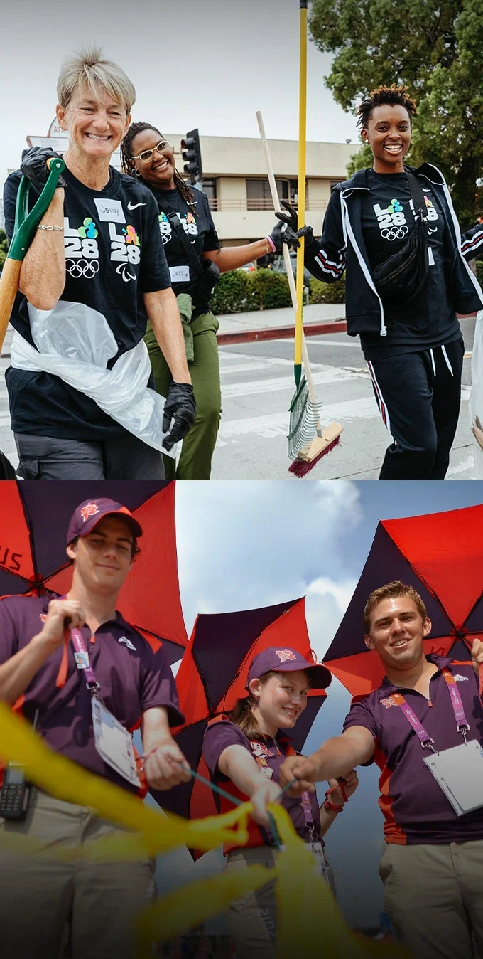 Side-by-side photographs of groups volunteering including one group that is wearing LA28 gear