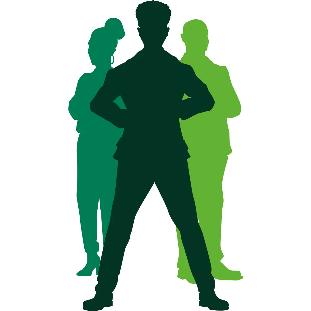 Three people standing in a silouette that forms an A