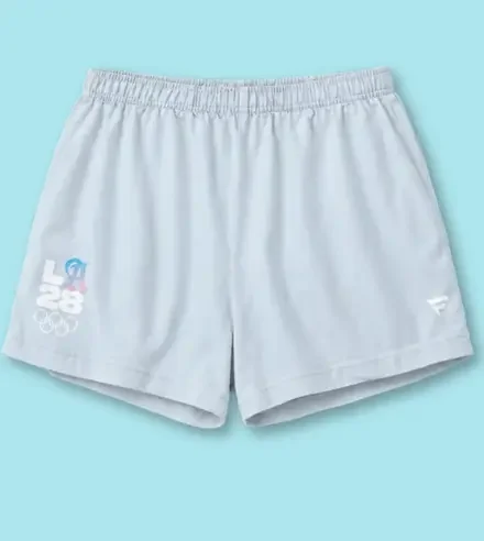 Grey lounge shorts with the blue LA28 Olympic emblem