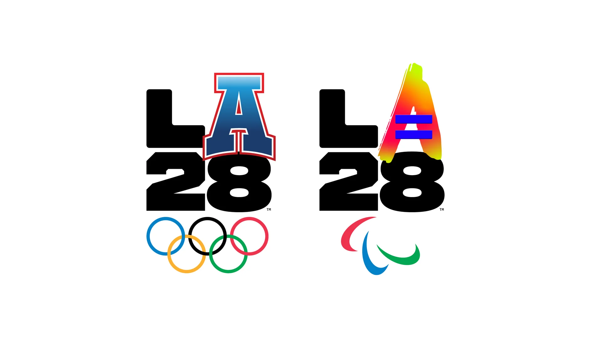 LA28 Dual emblem graphic showing the varsity A emblem above the olympic rings next to the equality A emblem above the paralympic agitos