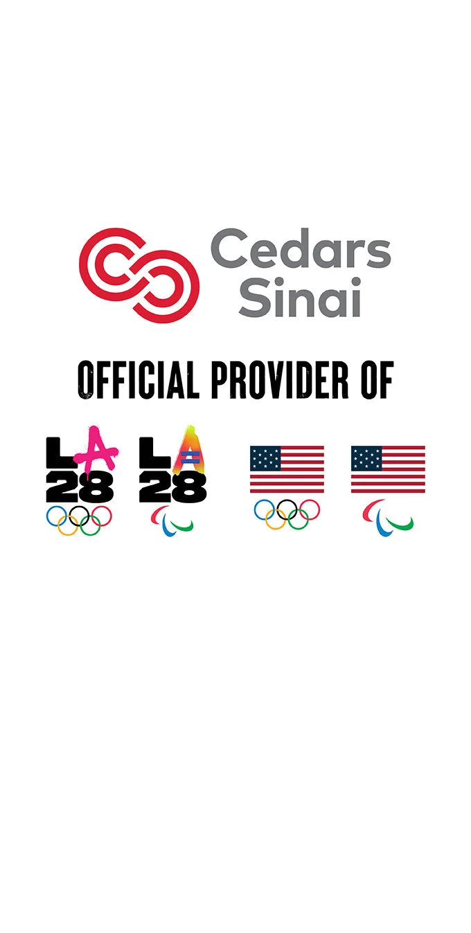 Cedars-Sinai logo above the words 'Official Provider Of' in black lettering. Below are the dual LA28 Olympic and Paralympic Games emblems next to the U.S. flag logos with the Olympic rings underneath next to a U.S. flag with the Paralympic agitos logo underneath.