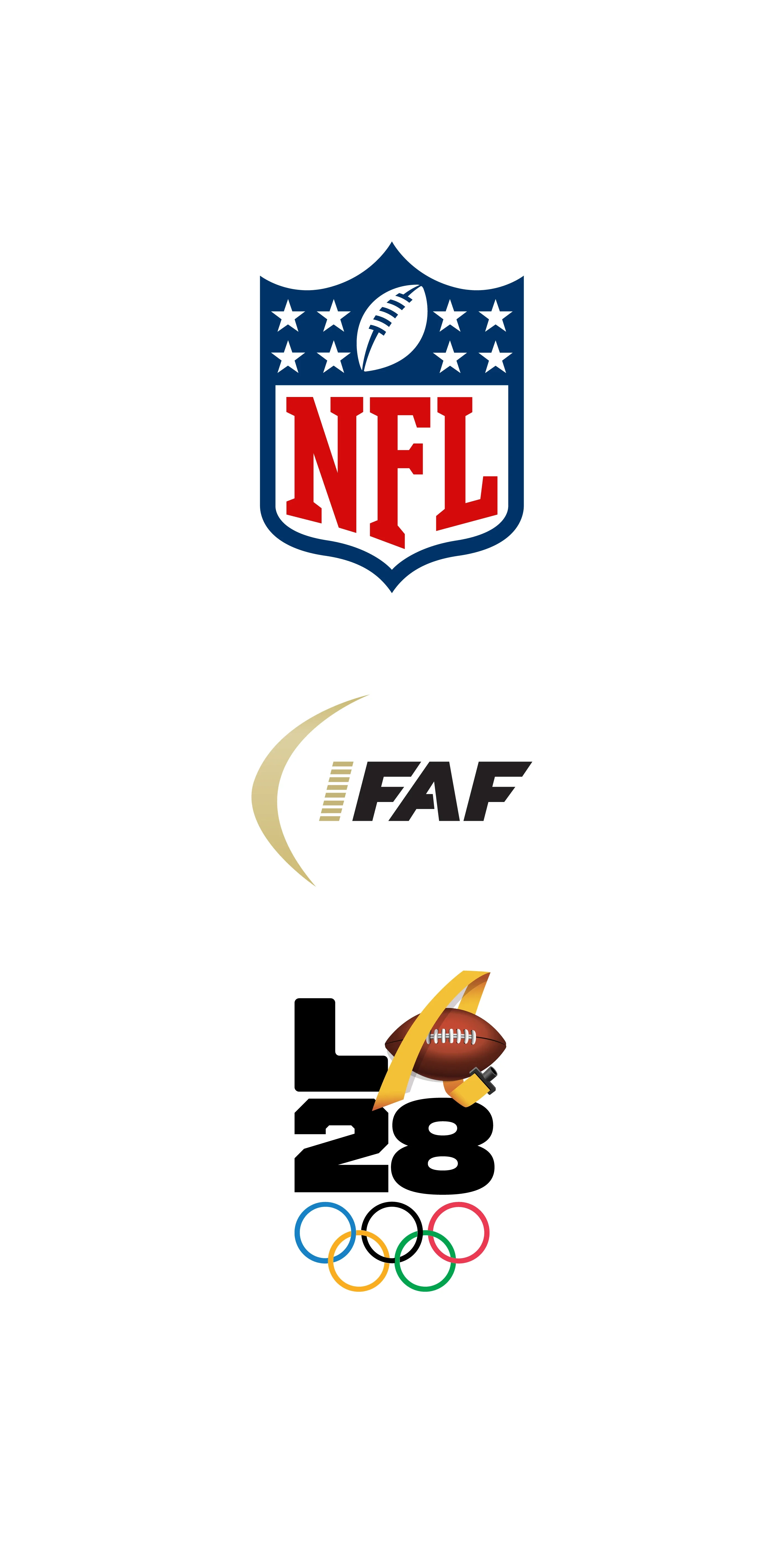 Graphic of NFL logo next to the International Federation of American Football logo and the LA28 NFL Emblem