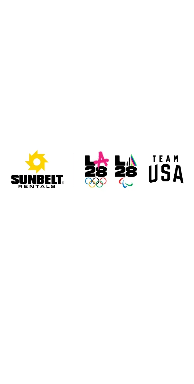 Graphic of the Sunbelt Rentals logo next to the dual LA28 emblem and the Team USA navy blue logo