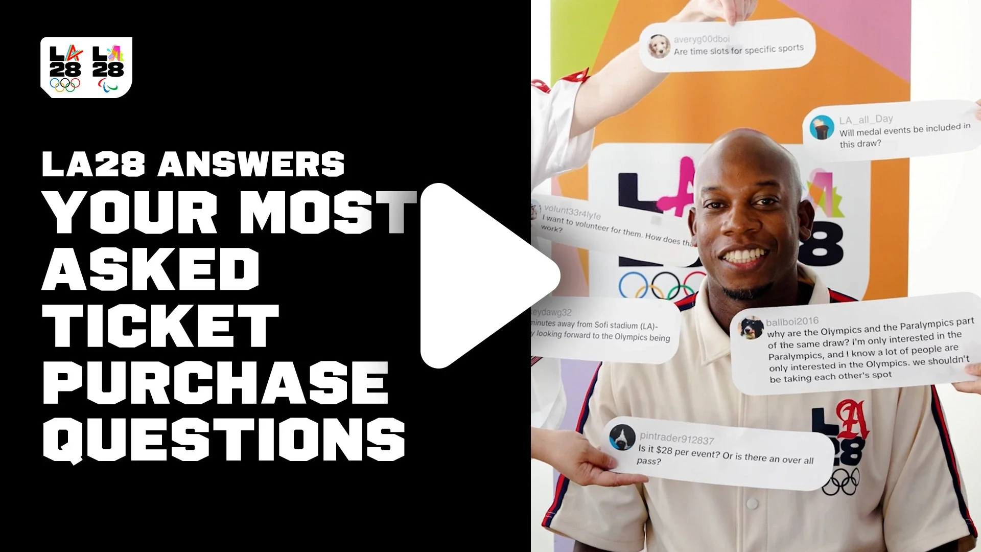 Man wearing LA28 shirt explaining FAQ questions with blurbs of questions