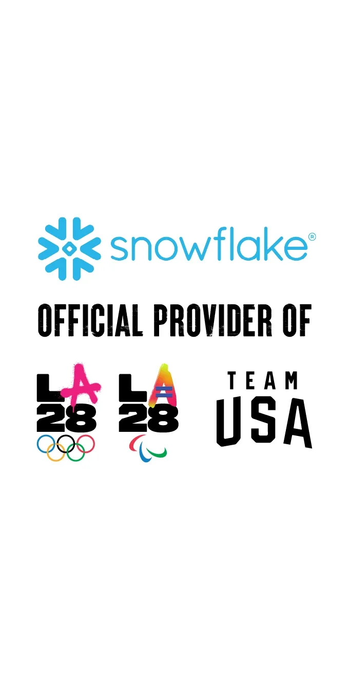 A graphic with a white background with the Snowflake logo on top of the words 'Official Provider of' above the dual emblems of the LA28 Olympic and Paralympic Games with the Team USA logo next to it.