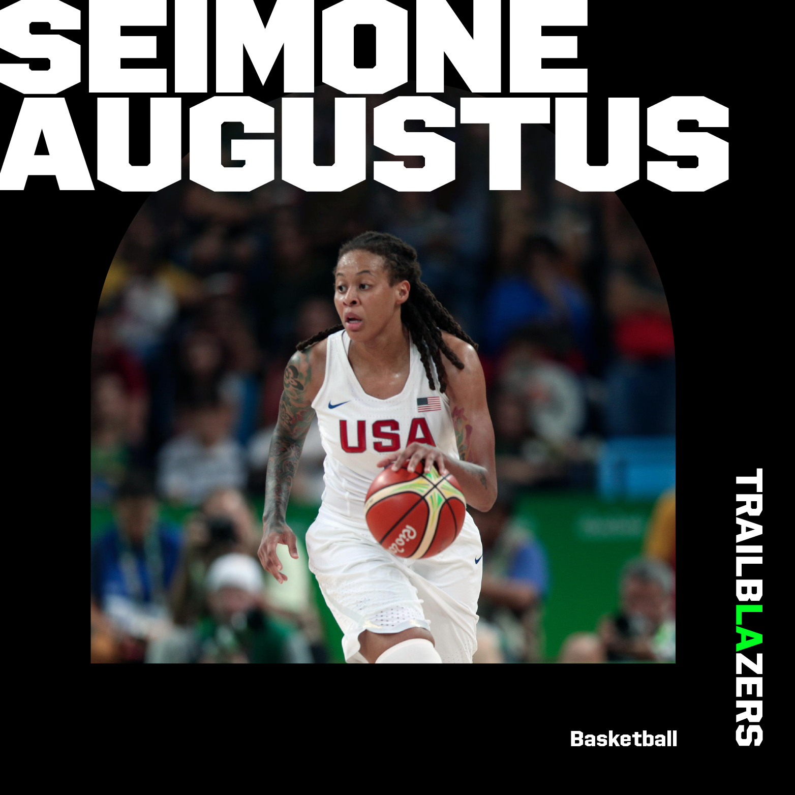 A photo graphic of Seimone Augustus wearing a white team USA tank top and shorts and dribbling a basketball with the text Seimone Augustus, Trailblazers and Basketball