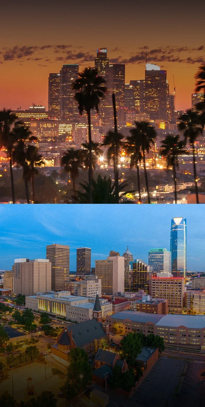 Photographs of Los Angeles and Oklahoma City skylines side by side