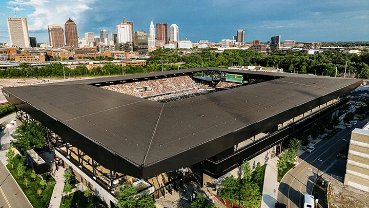 Columbus Stadium, known as Lower.com Field, showing the soccer stadium from above with the Columbus city skyline in the background. 