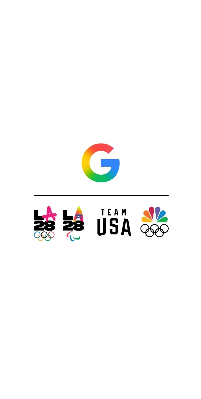 Graphic of Google logo with a black vertical line next to it and the La28 Dual Emblems, Team USA and NBCUniversal logo with Olympic rings in black logo underneath