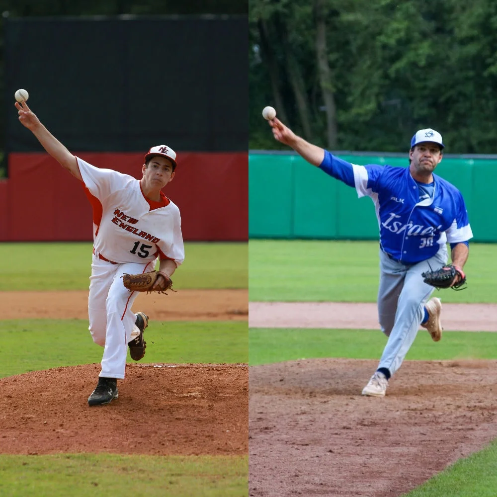 Side by side images of Ben Wanger pitching at different ages