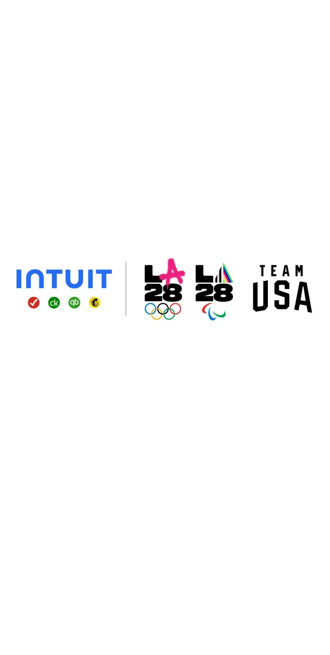 Image of the Intuit logo next to the LA28 Dual Emblems and the Team USA logo on a white background
