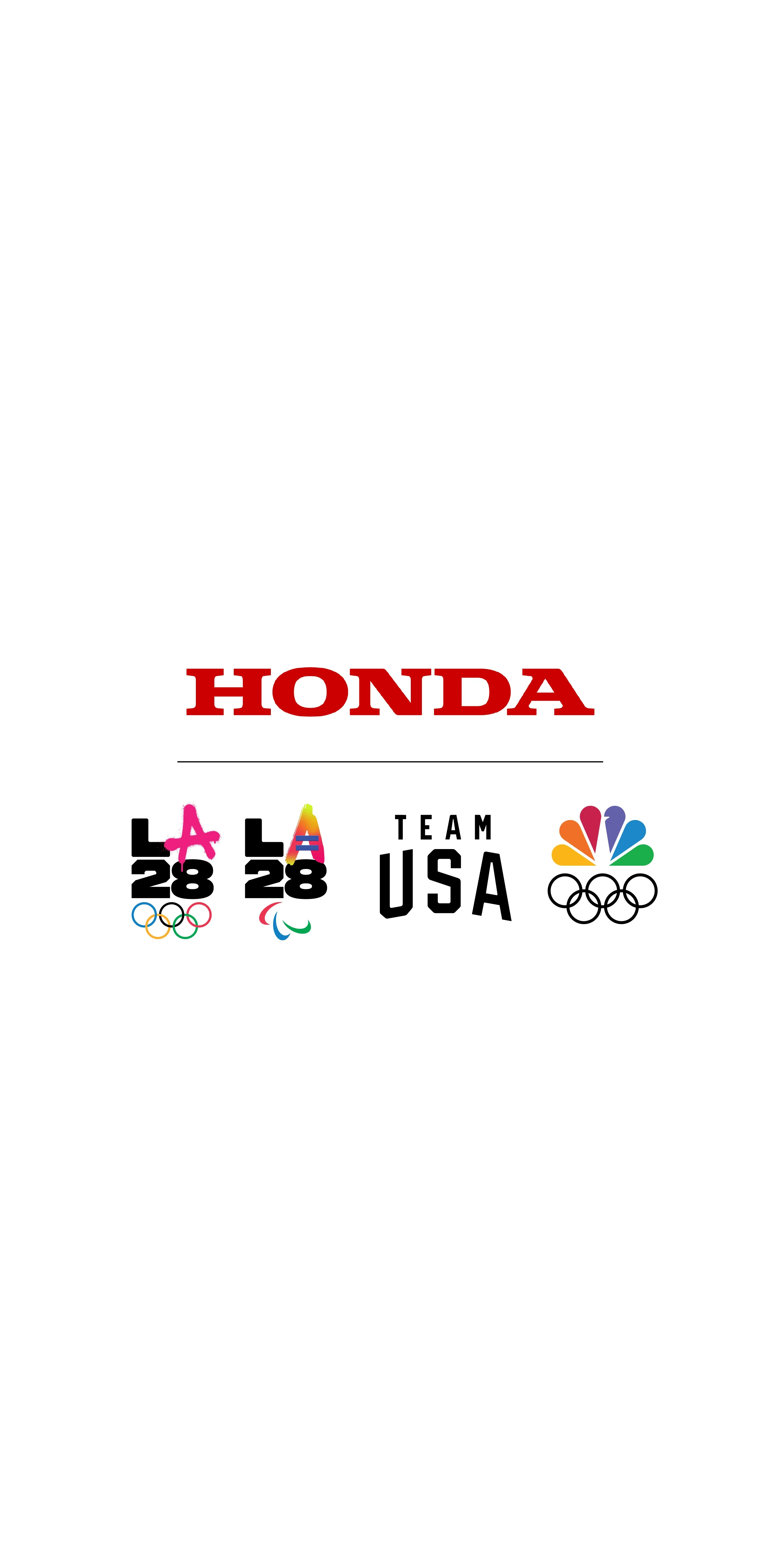 Gráfico con fondo blanco que muestra el logotipo de Honda en letras rojas junto al emblema dual de LA28 con los anillos olímpicos y los agitos paralímpicos, y el logotipo del pavo real de NBC con los anillos olímpicos debajo