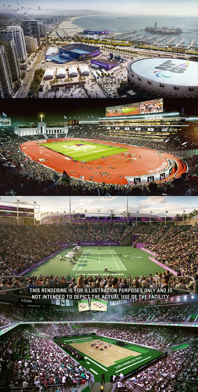 Graphic with a four renderings from LA28's Paralympic Venue Plan