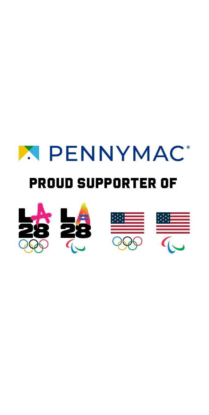 Pennymac logo above the words "Proud Supporter above" on top of the LA28 dual emblems and the U.S. flag above the Olympic rings and Paralympic agitos