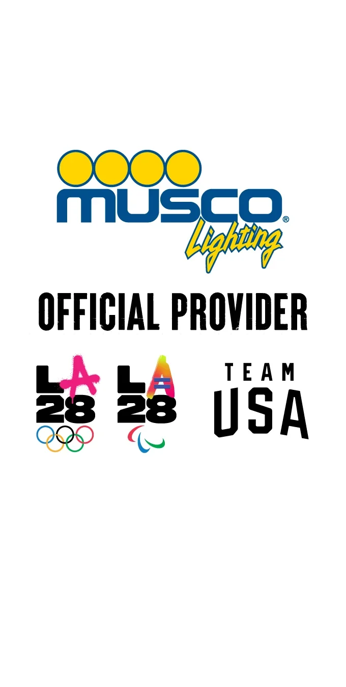 Musco Lighting logo and LA28 emblems on a white background