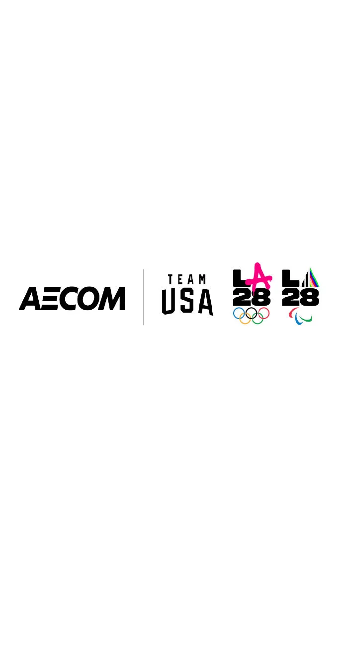 Logotipo de AECOM junto al logotipo del Team USA y los emblemas duales de LA28