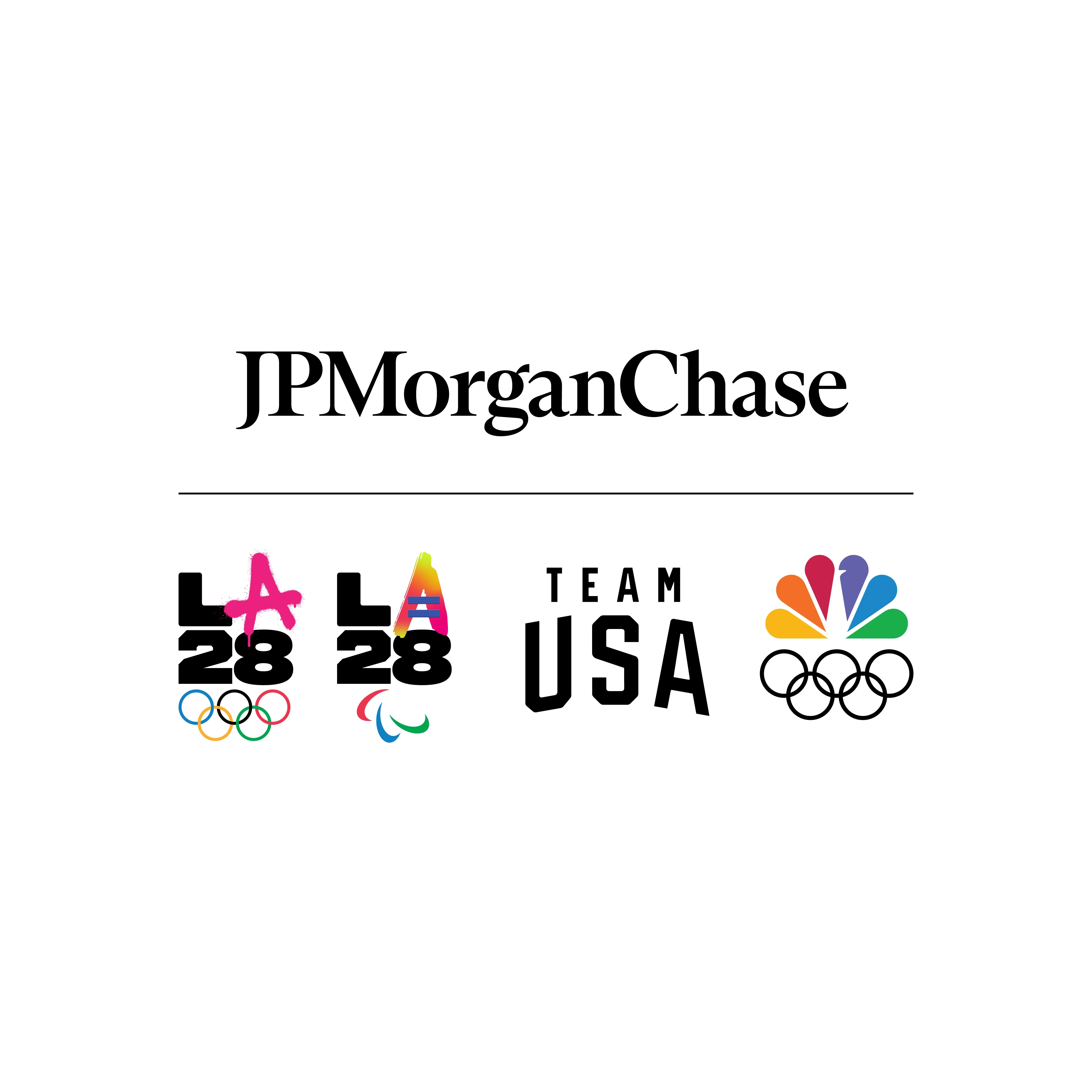 JPMorganChase logo in black letters above the dual emblems of LA28 and the Team USA logo