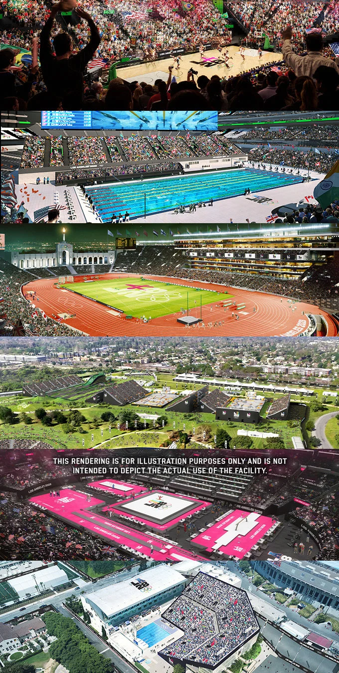 A photograph collage of various venues that will be utilized for the LA28 Games - some show the venues from the inside and some are aerial shots from outside.